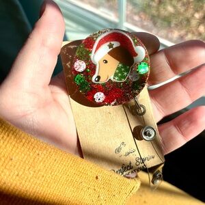 Holiday Dauschund Dog Handmade Resin Badge Reel